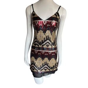 Sequin Mini Dress Sleeveless V‎ Neck Aztec Geometric Party Cocktail Size XS